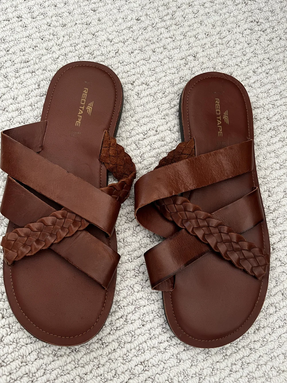 Red Tape Men's Braided Strap Brown Leather Slide Sandals Sz 10